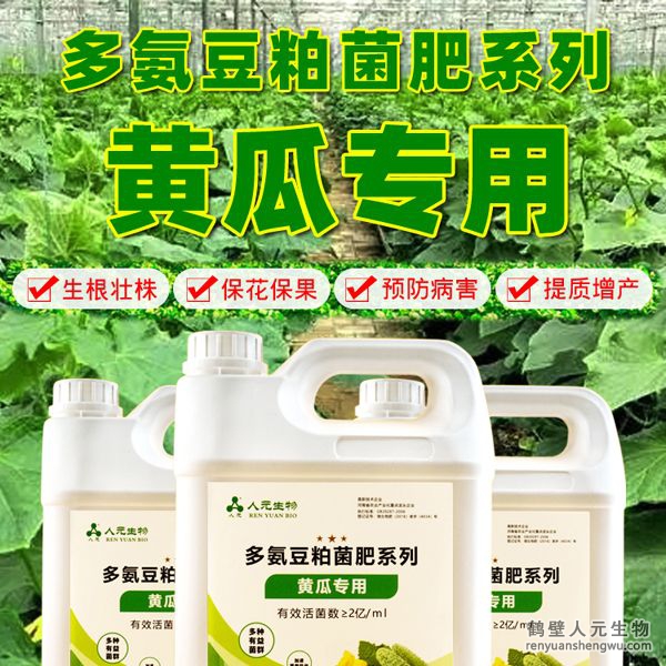 多氮豆粕菌肥系列黃瓜專用肥由河南省微生物菌劑工程技術(shù)研究中心研制，鶴壁市人元生物技術(shù)發(fā)展有限公司生產(chǎn)，本品是以固態(tài)發(fā)酵豆粕為主要原料，豆粕經(jīng)過(guò)有益微生物菌種發(fā)酵分解，充分釋放游離氨基酸，同時(shí)輔以枯草、地衣、膠凍樣芽孢桿菌等有益菌群。