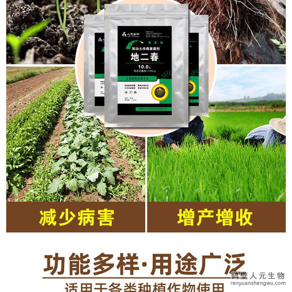 【地二春】土傳病害防治菌劑根據(jù)土壤生態(tài)環(huán)境及土傳病害機(jī)理，以枯草、地衣芽孢桿菌、哈茨木霉菌、放線菌、白僵菌、綠僵菌及淡紫擬青霉等菌群為主，經(jīng)特殊培養(yǎng)精心研制而成的新一代抗土傳病害復(fù)合微生物菌劑。能快速有效抑制土壤中的真菌、細(xì)菌、病毒等病菌，具有廣譜高效、安全長效，無殘留等特點(diǎn)。特別加入中微量元素、核苷酸、整合植物蛋白，生根因子，抗病抗逆因子，促進(jìn)作物增產(chǎn)增收。